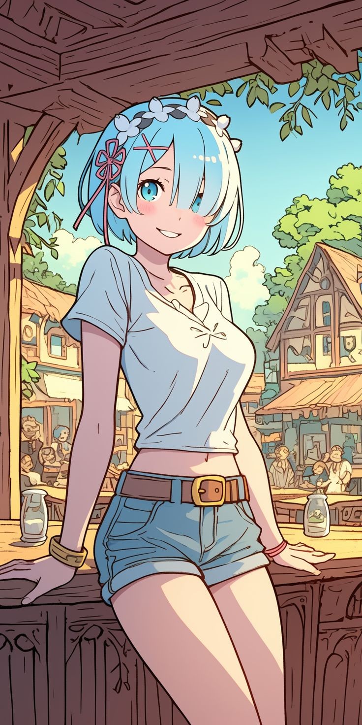 Rem de cabello azul sonríe en una aldea medieval