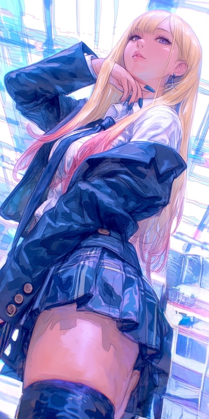 Wallpaper featuring a blonde girl in a dark blue jacket and pleated skirt in a fashion anime illustration