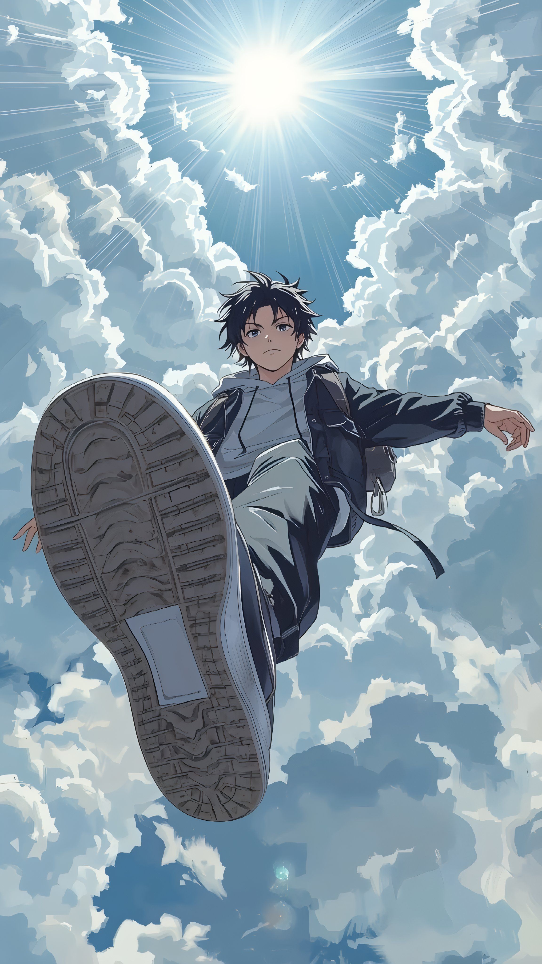A young man falls through a brilliant sky wearing a gray and white hoodie under a black jacket and light pants with a giant sneaker sole thrust toward the viewer