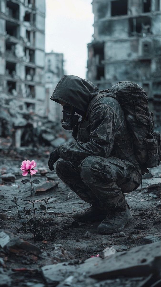 This image showcases a post-apocalyptic aesthetic and themes of human persistence amidst collapse
