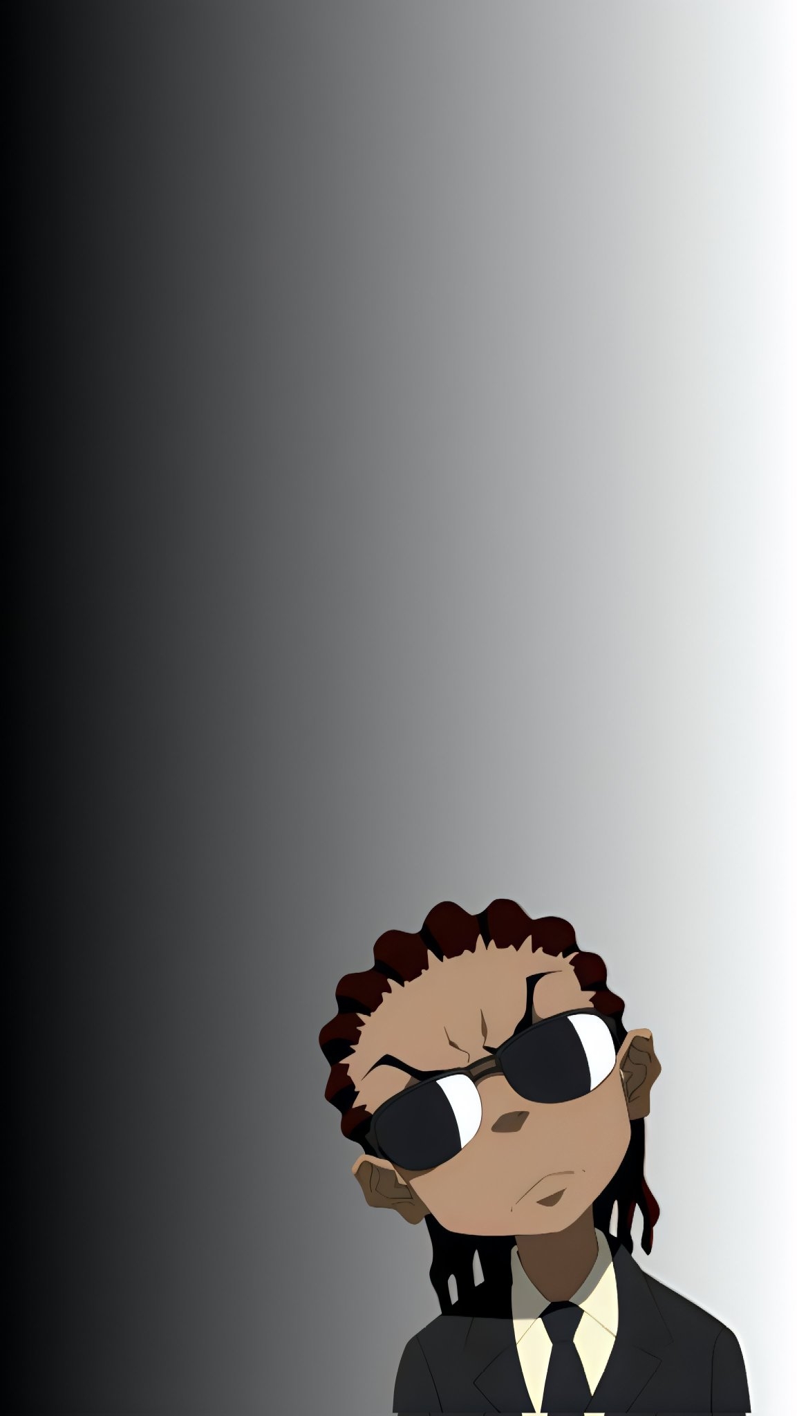 A cartoon character in a suit wearing sunglasses has a cool expression against a black-and-white gradient background