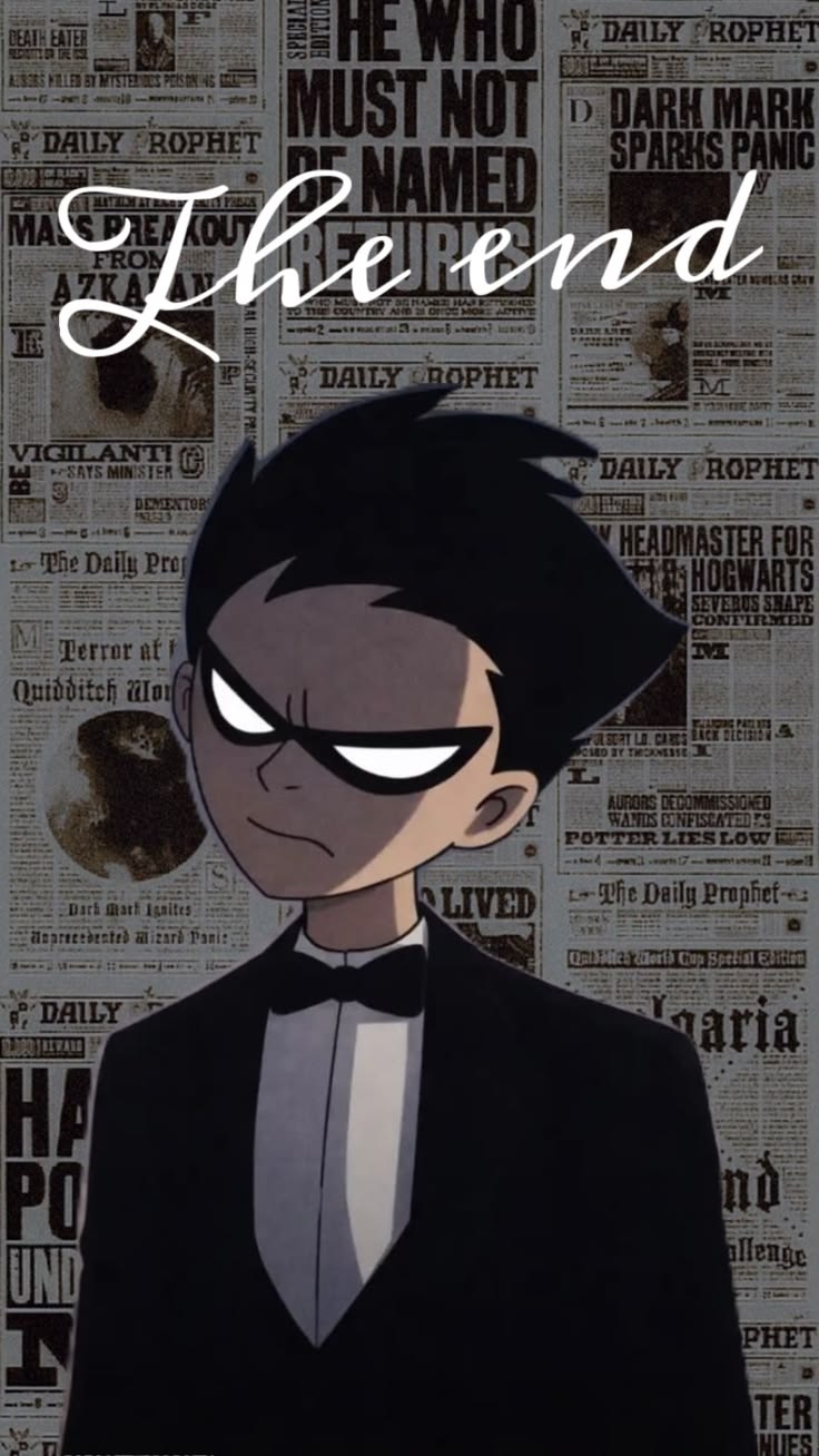 Une figure de dessin animé en smoking noir dégage une confiance avec un sourire suffisant sur un fond de découpages de journaux vintage