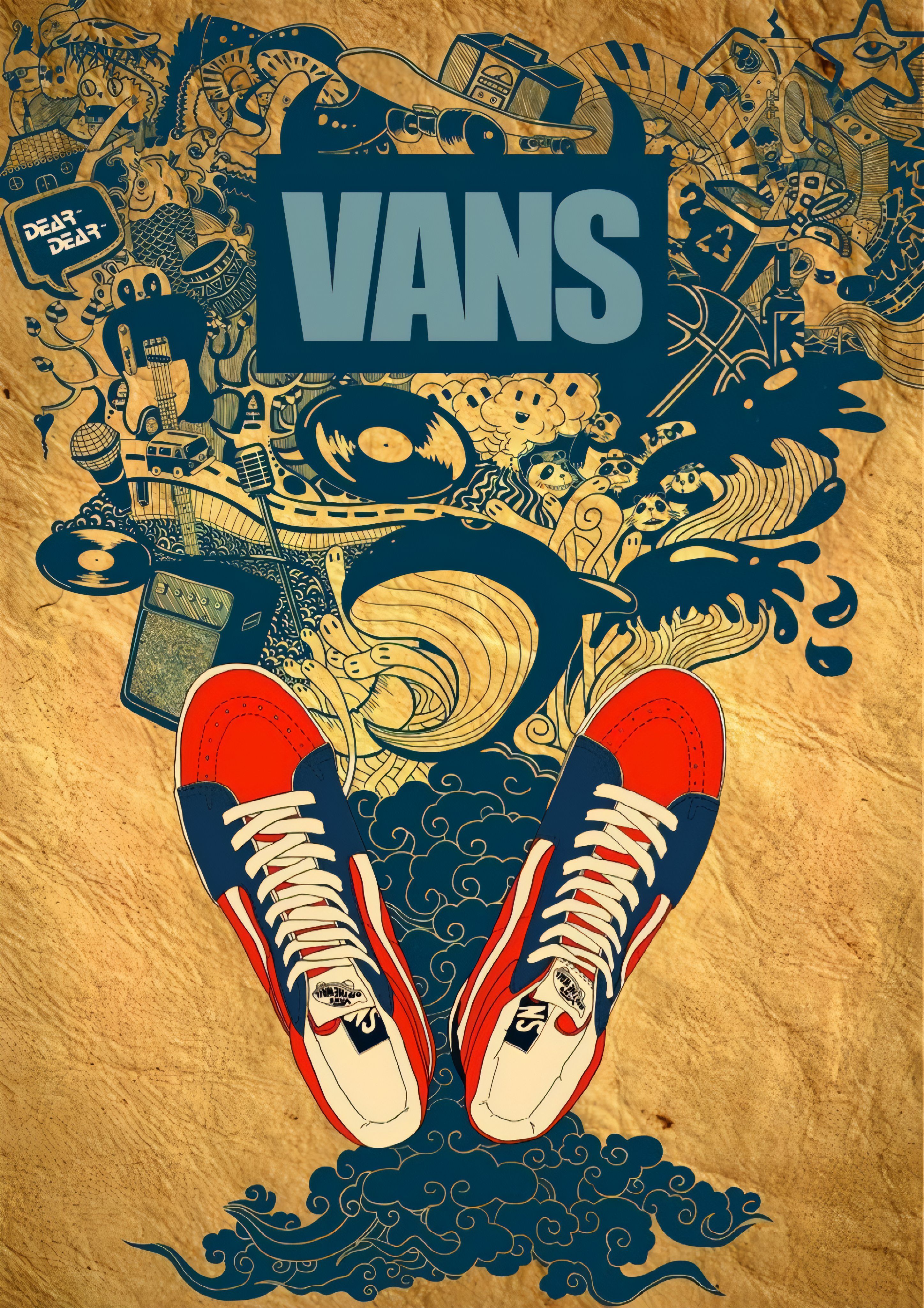Un cartel de estilo vintage presenta un par de zapatillas Vans rojas y azul marino rodeadas de arte de garabatos intrincados relacionados con la cultura urbana