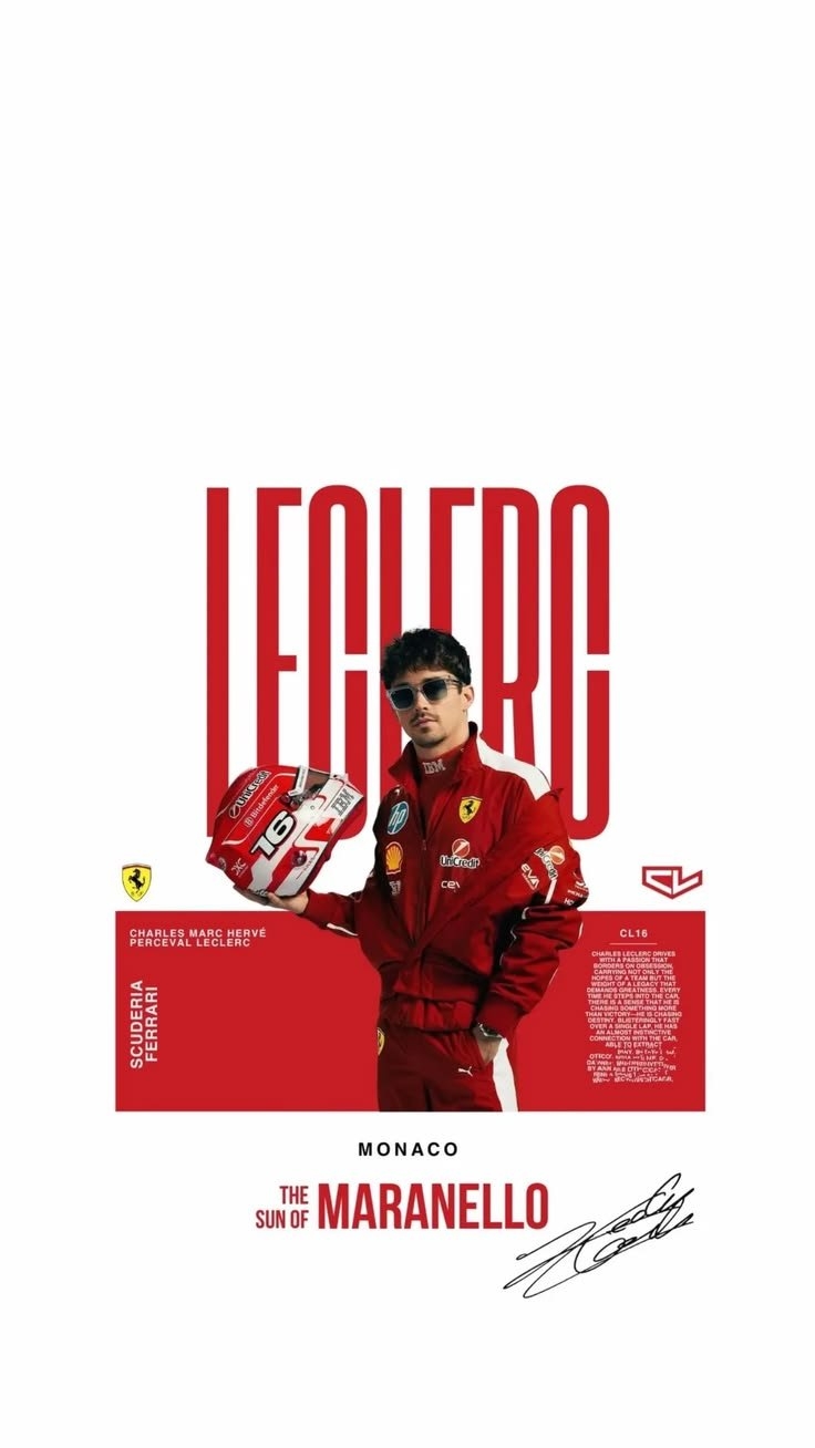 グラフィックポスターデザインは赤いフェラーリスーツを着たF1ドライバーが大きなLECLERCの文字の前に立ち、ヘルメットを持っている