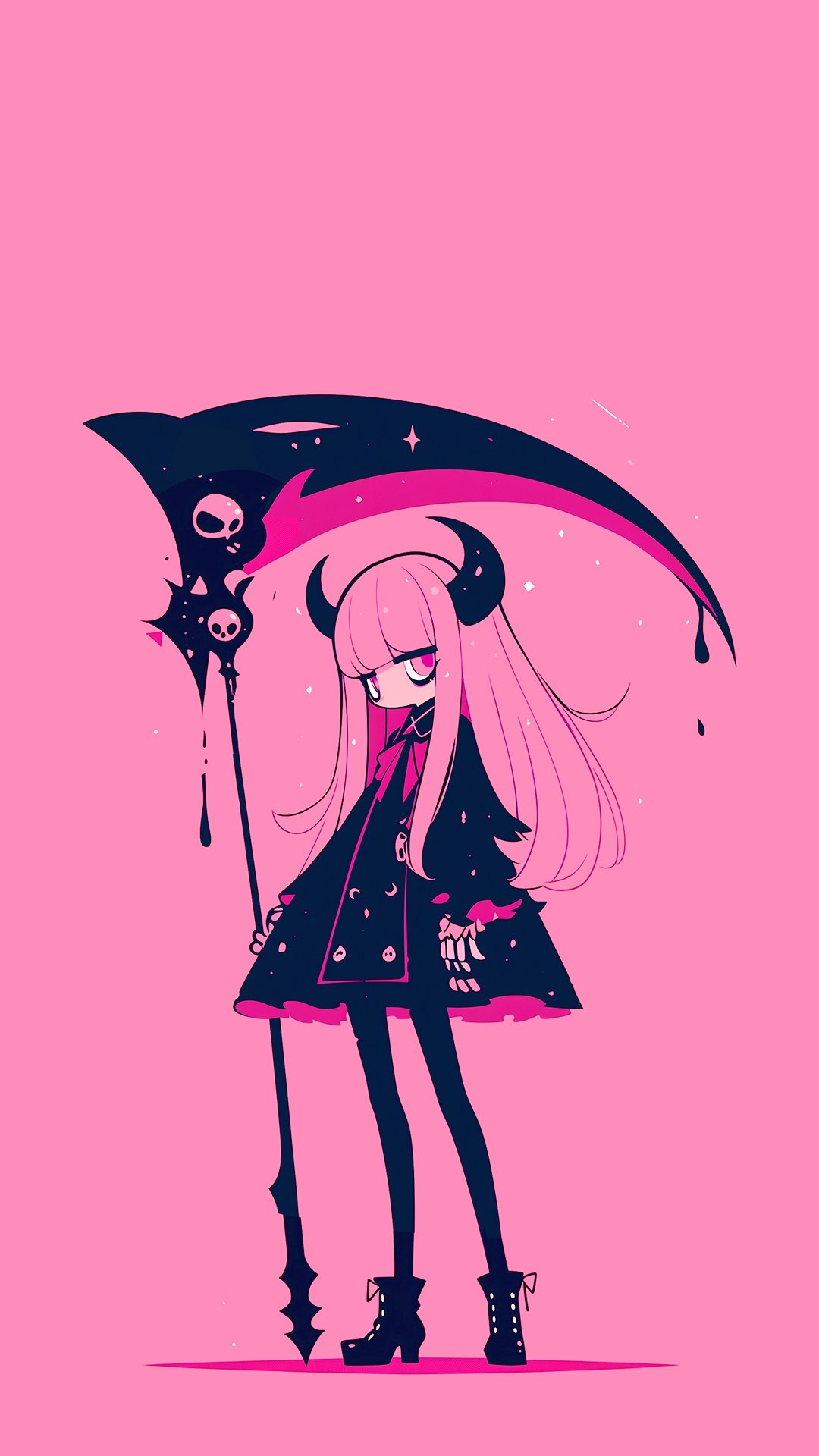A cute anime-style girl with long pink hair and small black horns in a black dress with pink accents holding an oversized scythe decorated with skulls and a melancholic expression