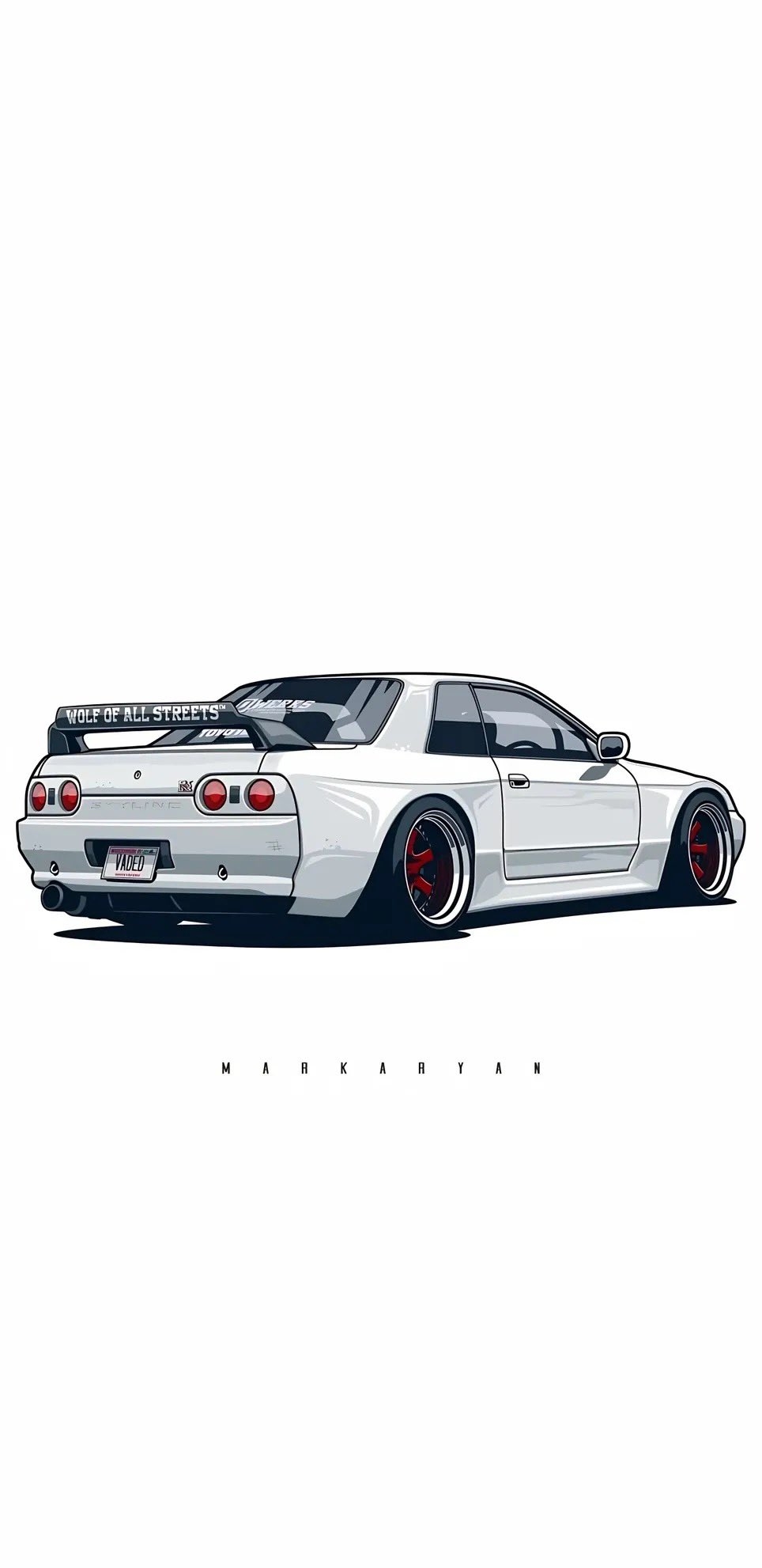 Ein weißer Nissan Skyline R32, von hinten in einem dreiviertel Winkel gesehen, tief herunter auf tiefen Felgen mit roten Mitteln