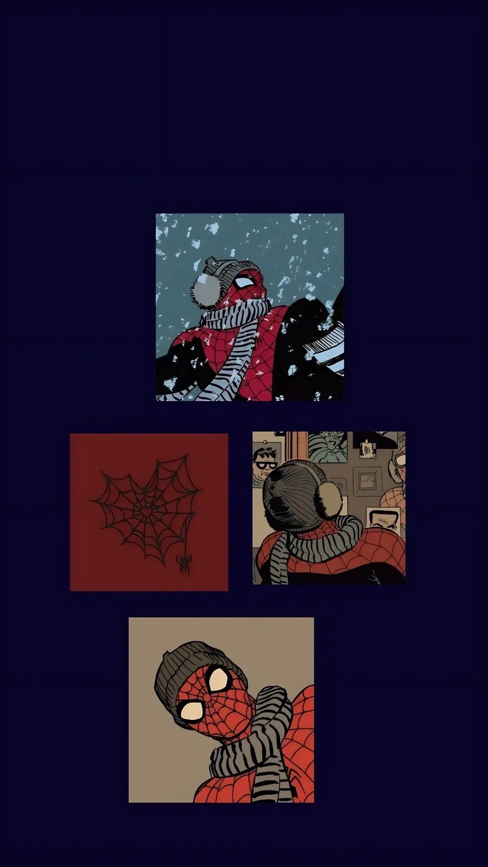 Four square panels showcase various Spider-Man art styles