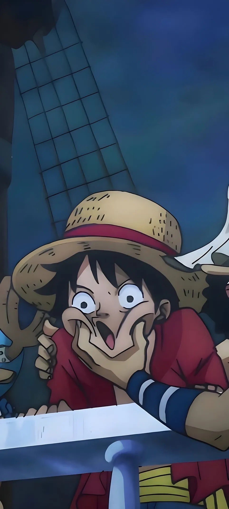 Luffy mit überraschter Miene auf blauem Hintergrund Hintergrundbild