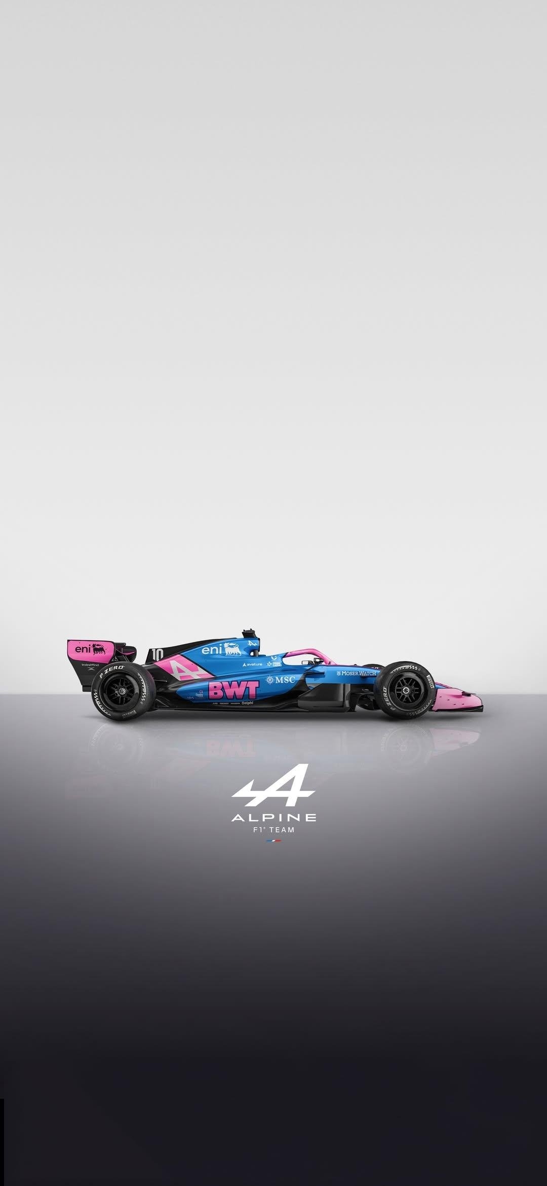 This image showcases a minimalist commercial automotive photography style featuring a side profile of a Formula 1 car