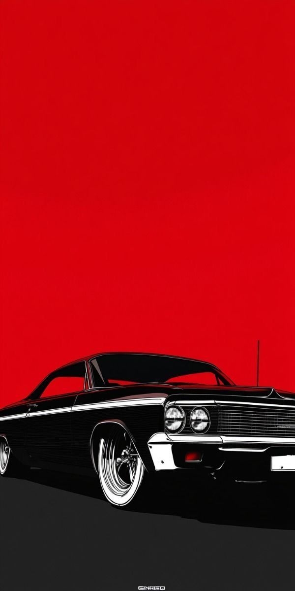A silhouette of a black classic car under a red sky