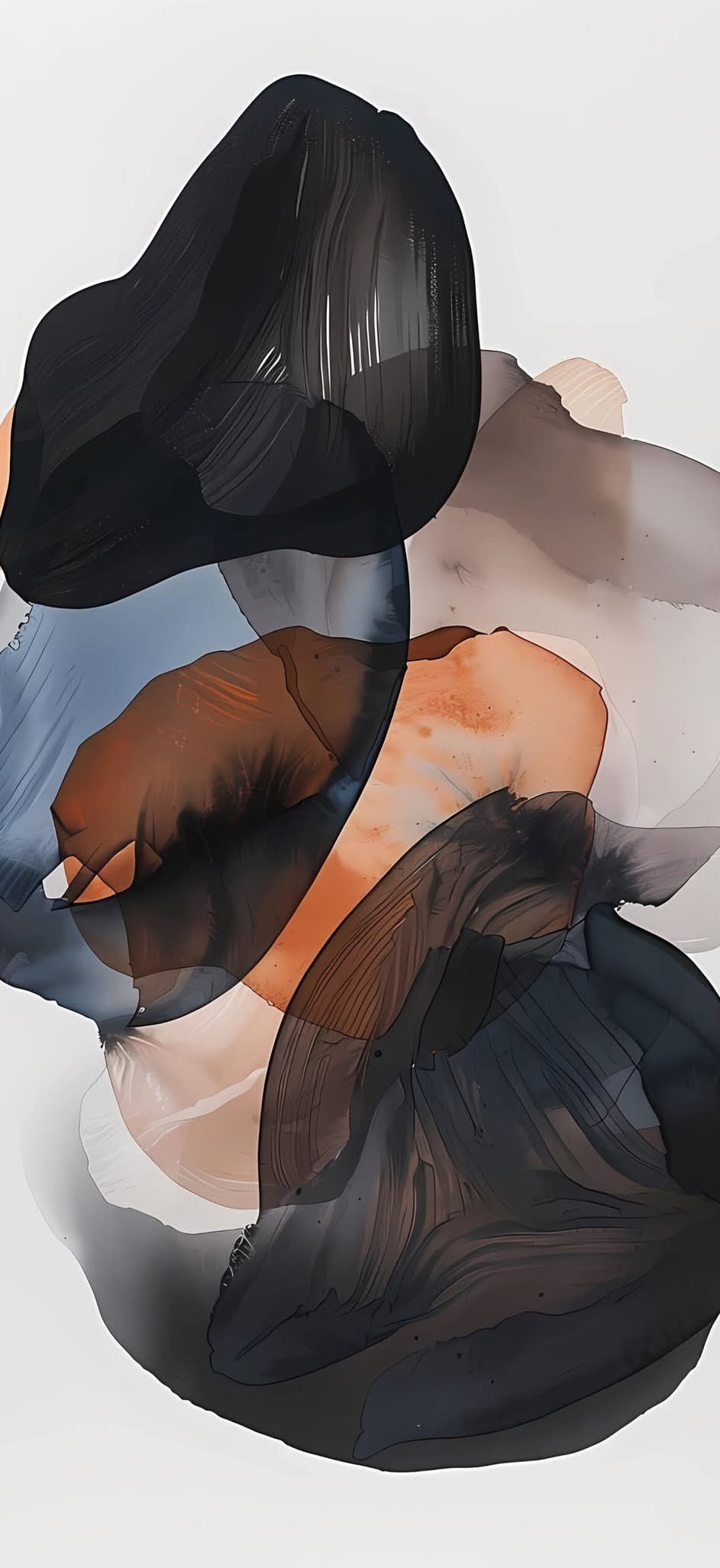 L'œuvre suggère des formes organiques fluides de la peinture à l'encre réimaginées à travers une lentille numérique contemporaine, reflétant l'Art Informel et l'abstraction lyrique
