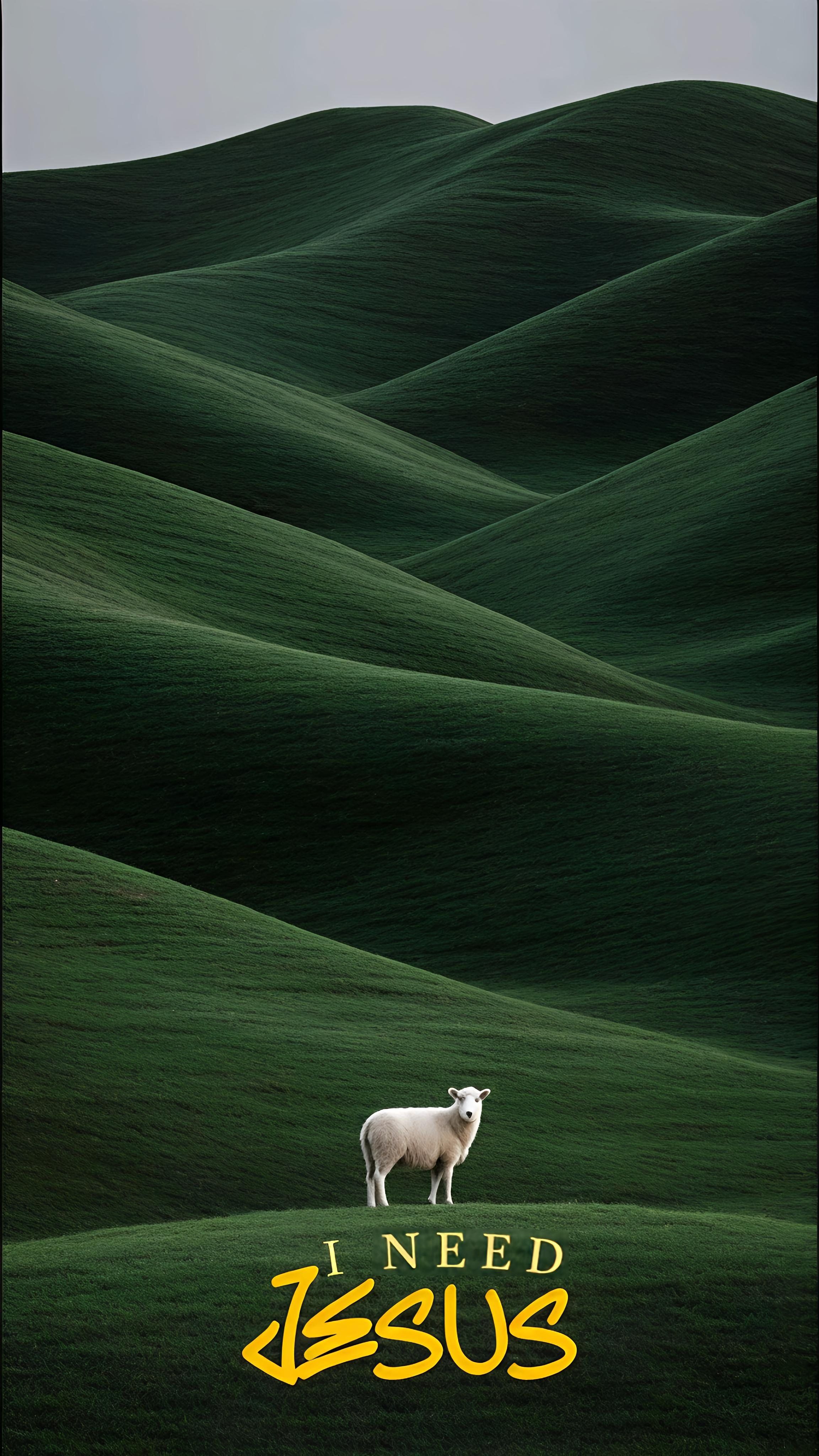 A serene landscape photograph features rolling green hills and a white sheep