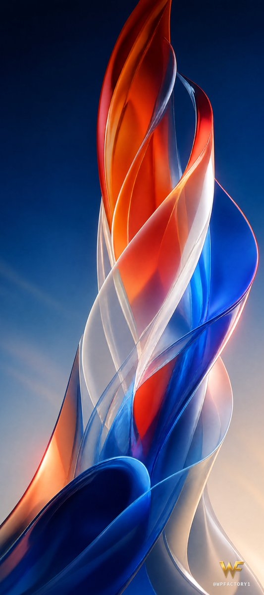 A modern digital sculpture featuring spiraling red-orange, pure white, and bright blue ribbon forms