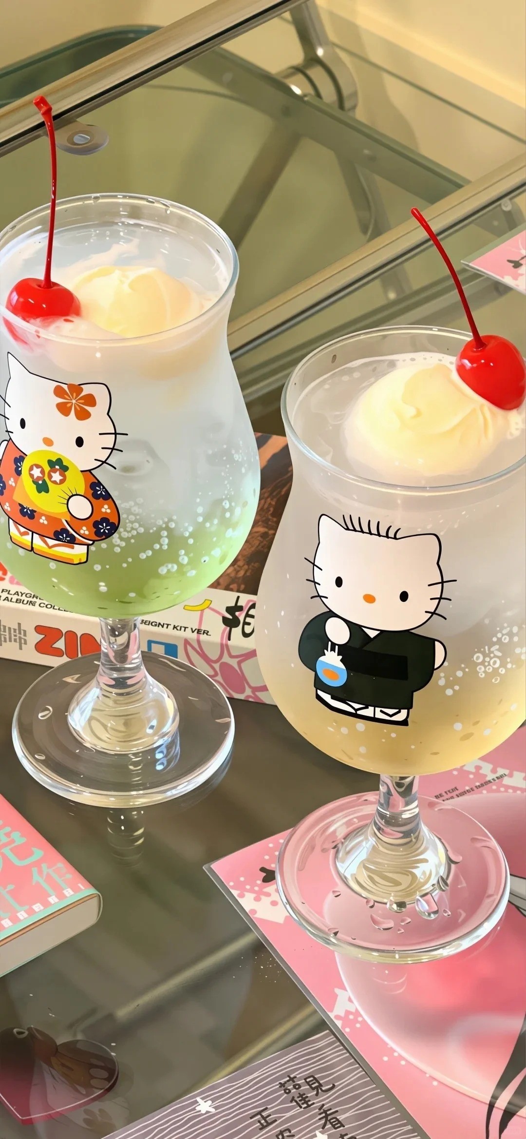 Japanese-style Hello Kitty cup with cherry ice cream and sparkling water