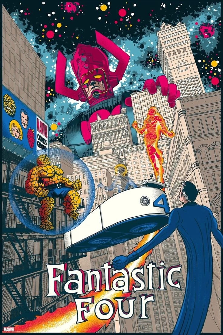 この鮮やかな漫画コラージュはファンタスティックフォーのキャラクターと建築線画と宇宙の星空を統合しています