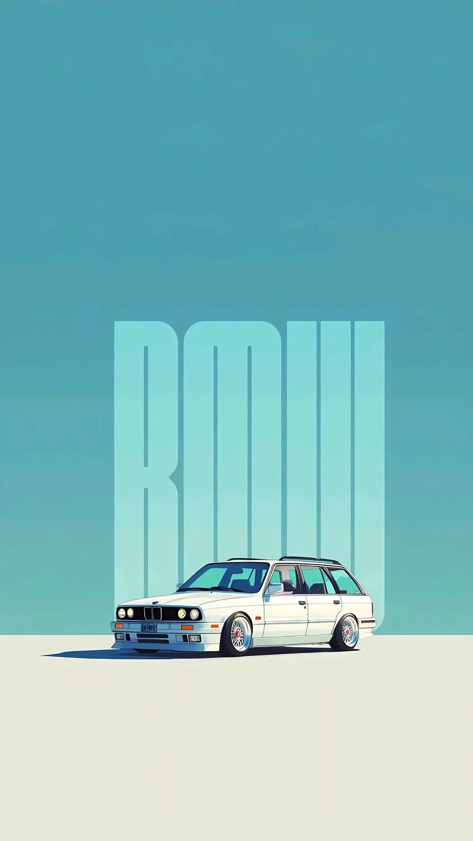 A clean white BMW E30 wagon parked low on a pale cream surface with silver BBS-style wheels