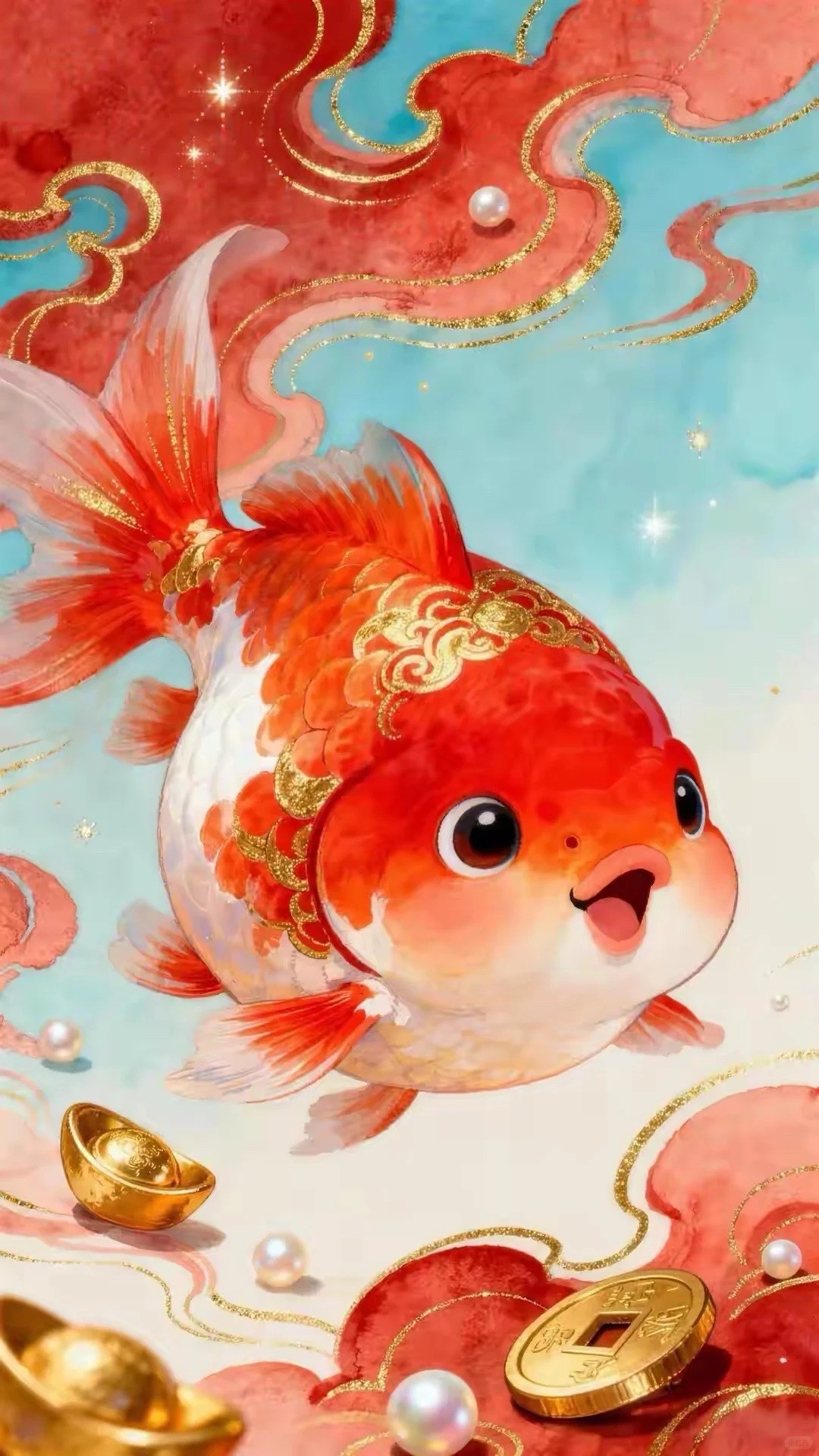 El pez dorado rojo y los elementos auspiciosos se fusionan para mostrar bendiciones tradicionales