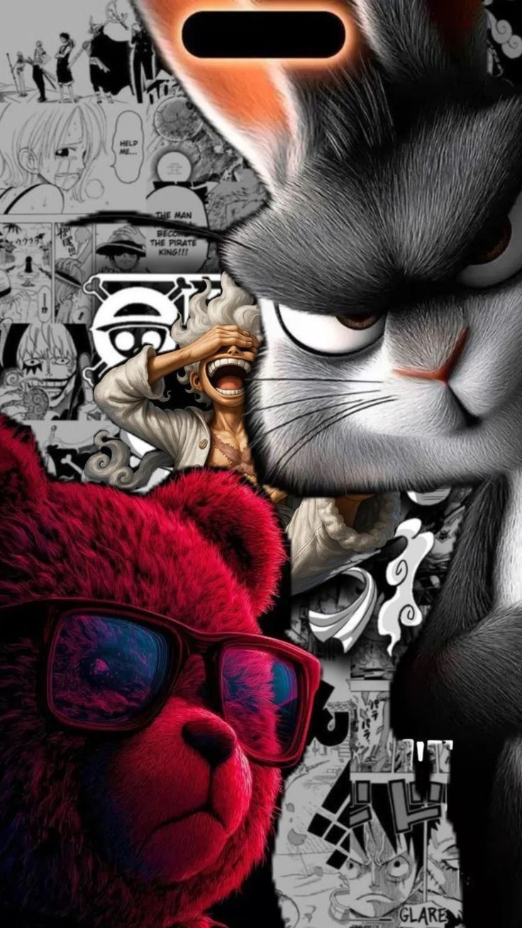 Este fondo de pantalla presenta un gato gris, un gato rojo y a Luffy en su quinta forma, destacando un fondo de pantalla para los fanáticos de los piratas