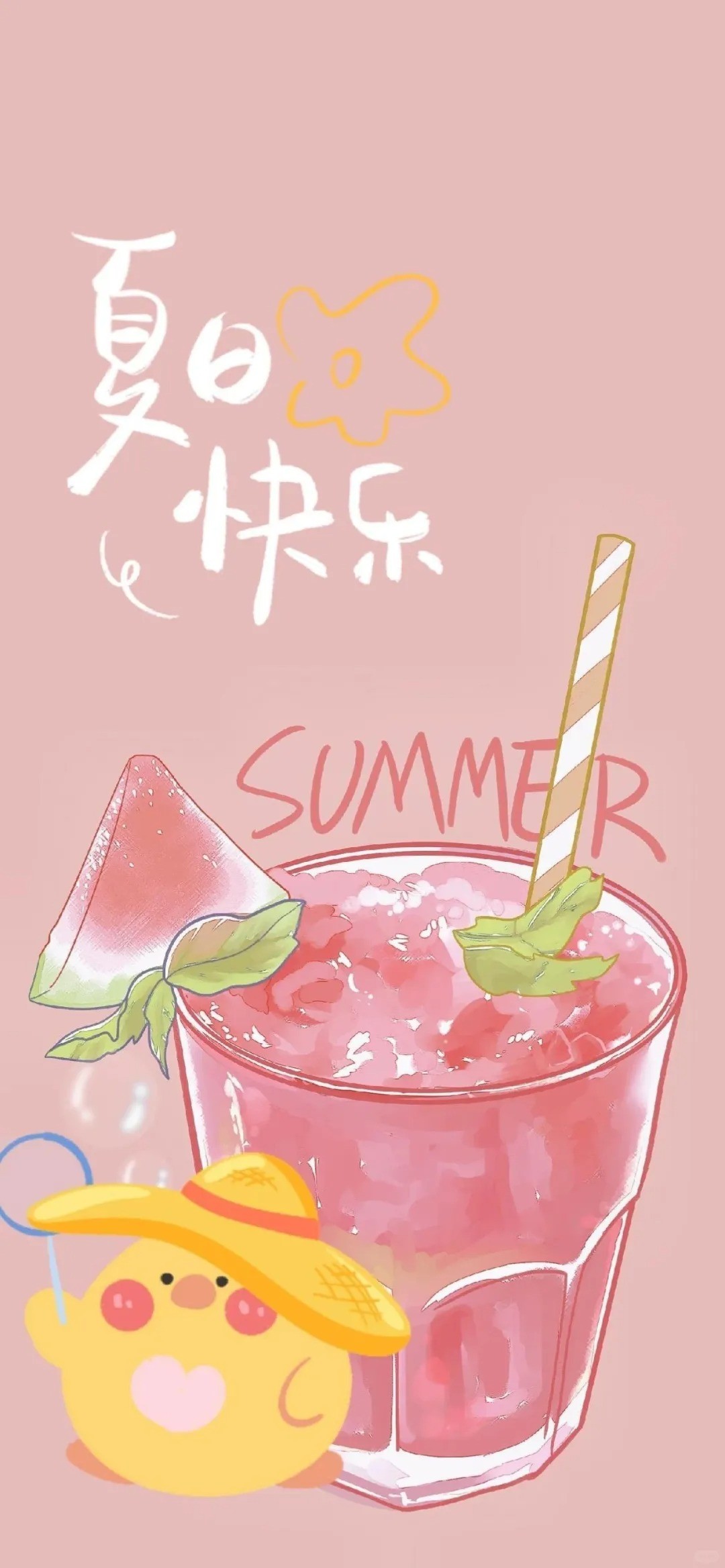 Summer drink wallpaper features pink smoothie and a cute chick wearing a hat