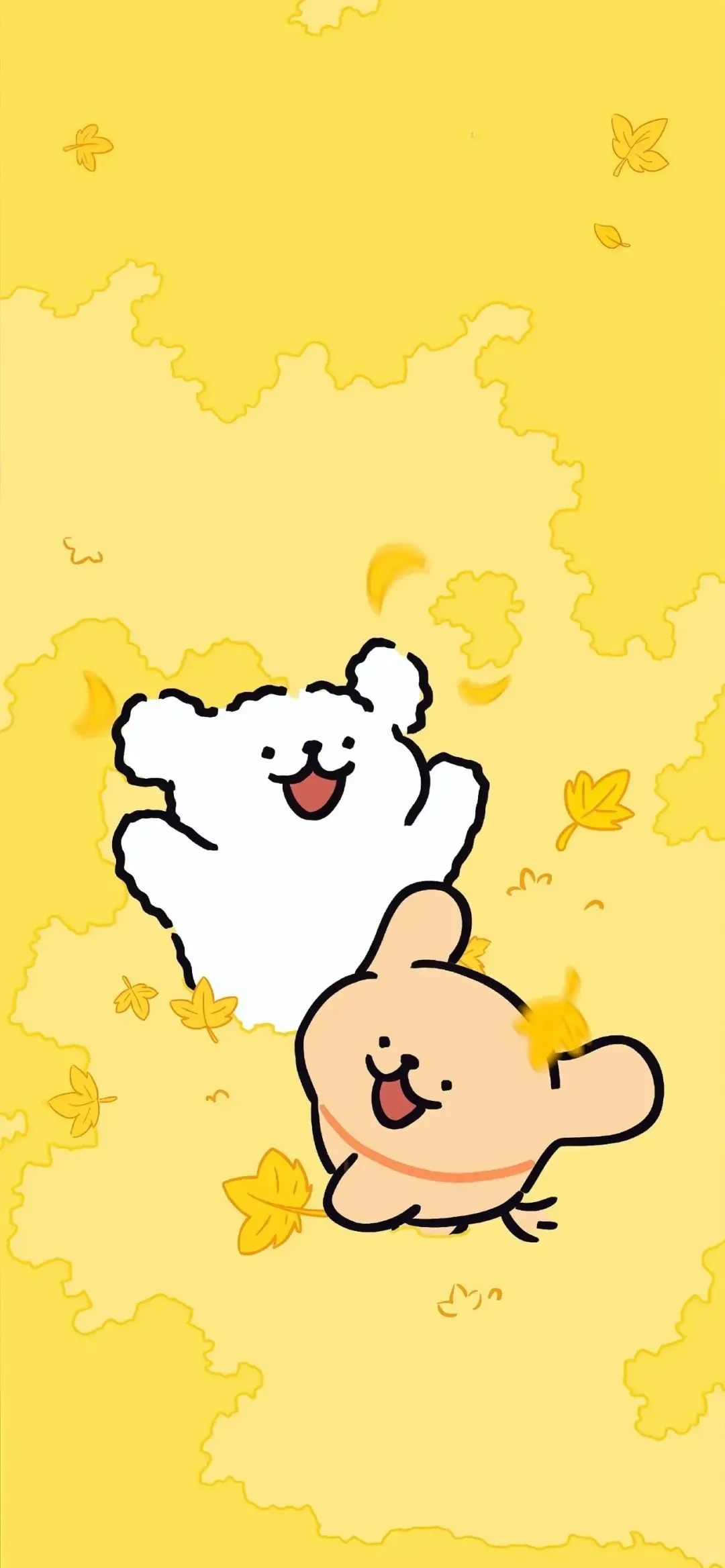 The autumn dog wallpaper shows a lively scene of Maltese and Golden Retriever playing in falling leaves