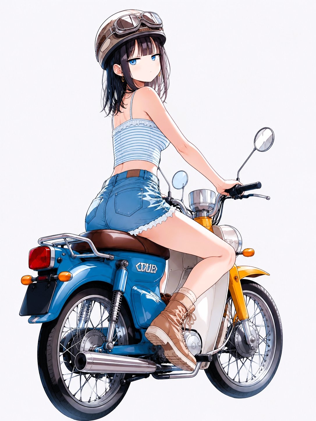 Um estilo de anime moderno com um personagem vestido de maneira casual no verão e uma motocicleta Honda Cub vintage