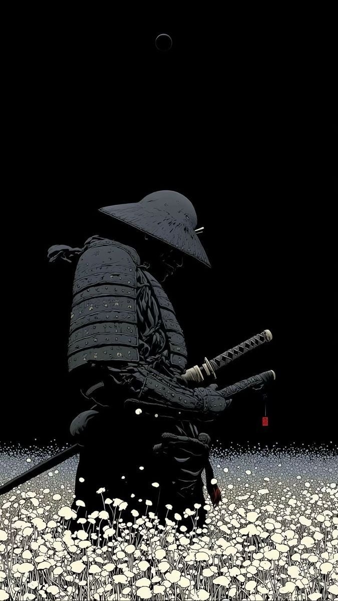 Ein Samurai in schwarzer Rüstung steht bei Nacht in einem Feld mit weißen Blumen in tiefem Nachdenken