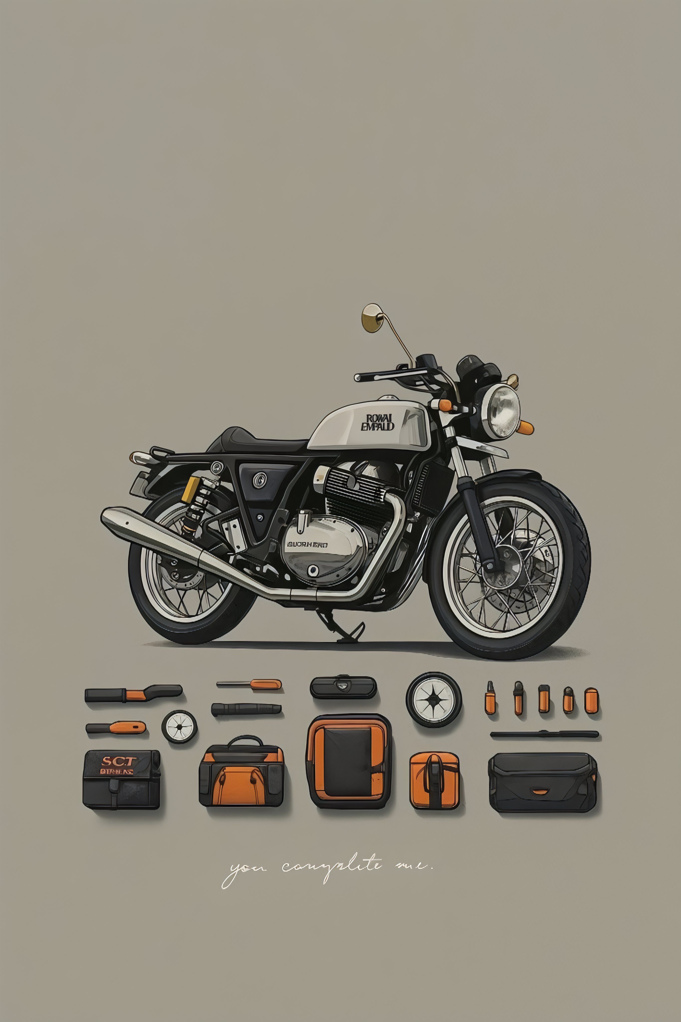 An illustration of a Royal Enfield Interceptor 650 motorcycle with matching accessories
