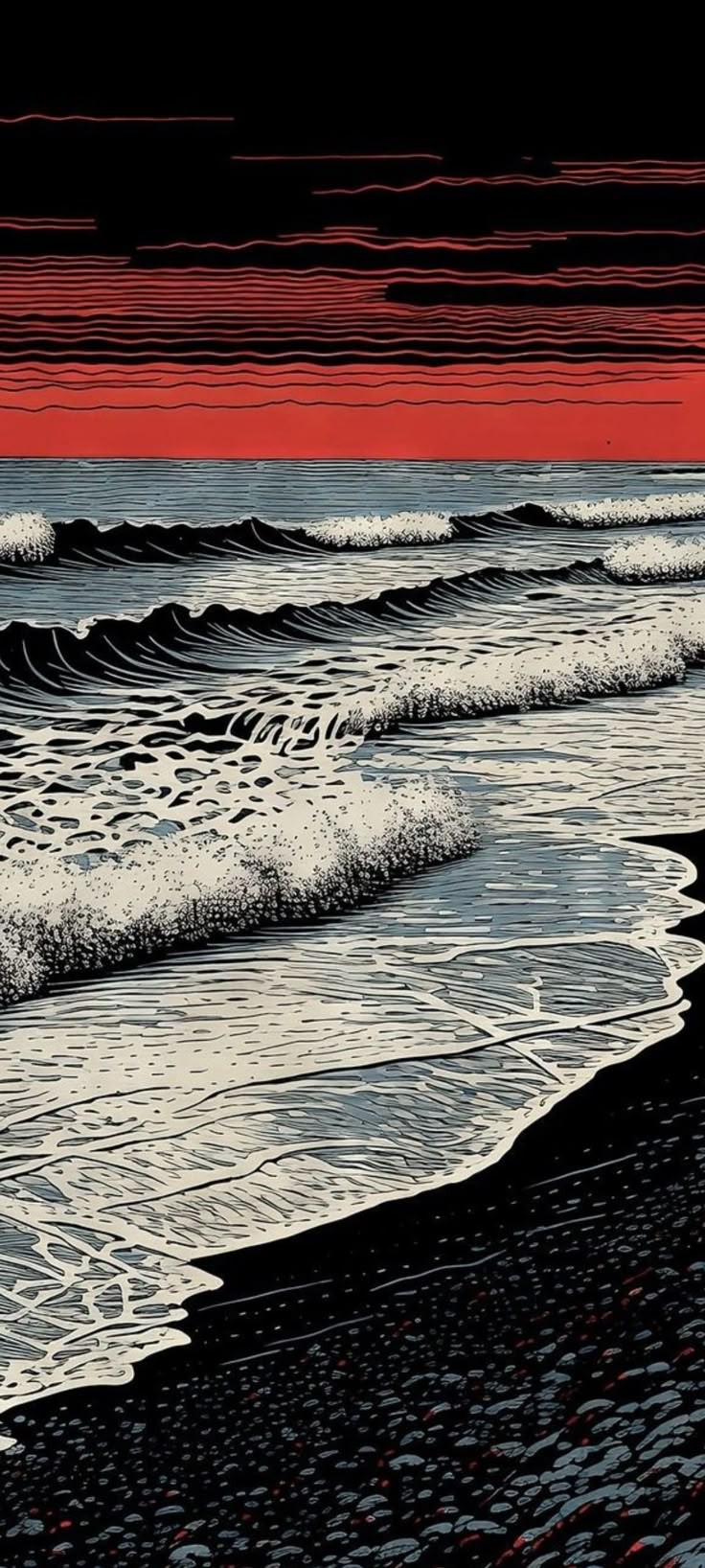 Cette œuvre combine le style ukiyo-e japonais et la gravure moderne occidentale, représentant un coucher de soleil côtier avec une plage noire et de la mousse blanche
