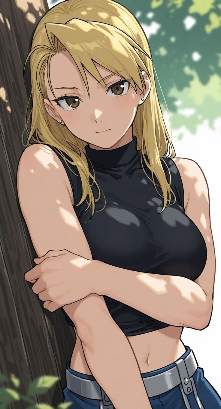 A blonde girl in a black high-neck crop top by a tree