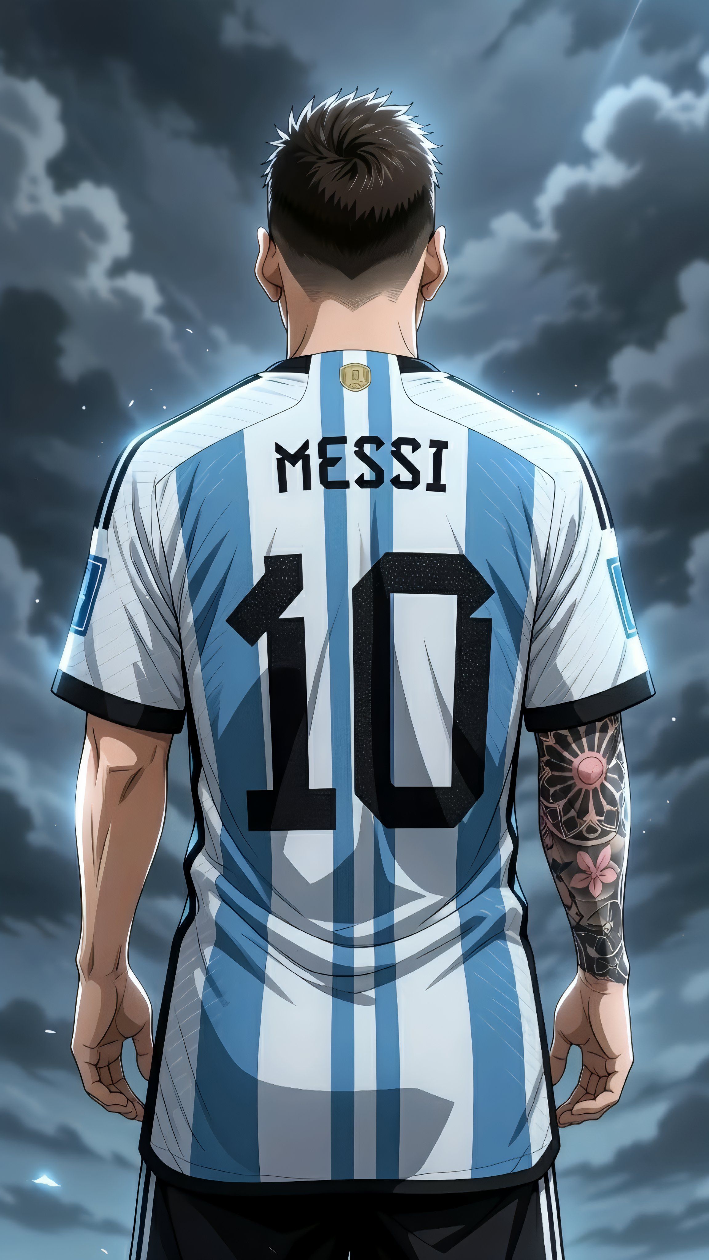 Lionel Messi de espaldas con la camiseta rayada de Argentina y tatuajes visibles