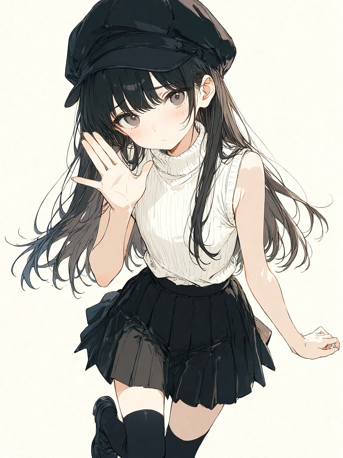 水彩スタイルのアニメ少女が米色のノースリーブセーターと黒のプリーツスカートを着て、恥じらいのあるしなやかな姿勢を示しています