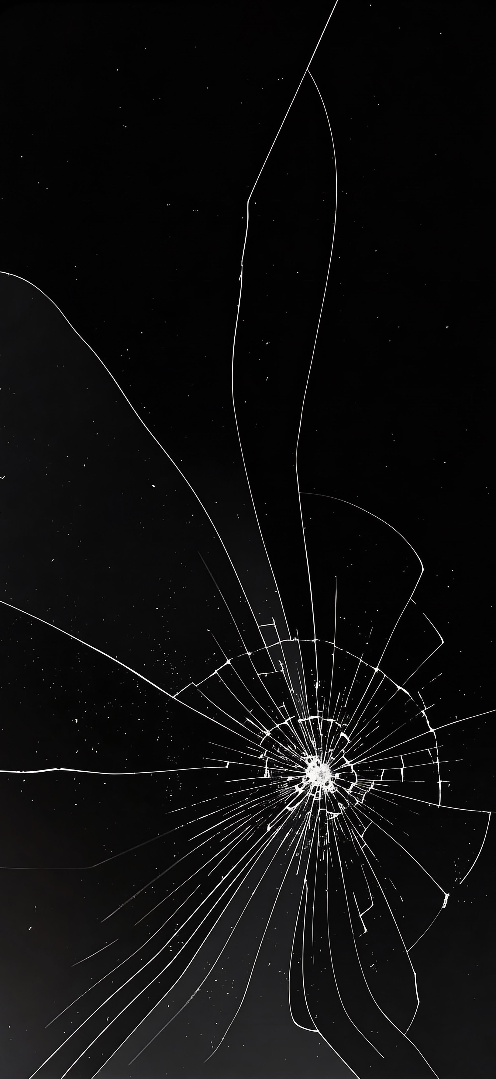 The realistic cracked glass wallpaper on a black background has a visually striking crack effect