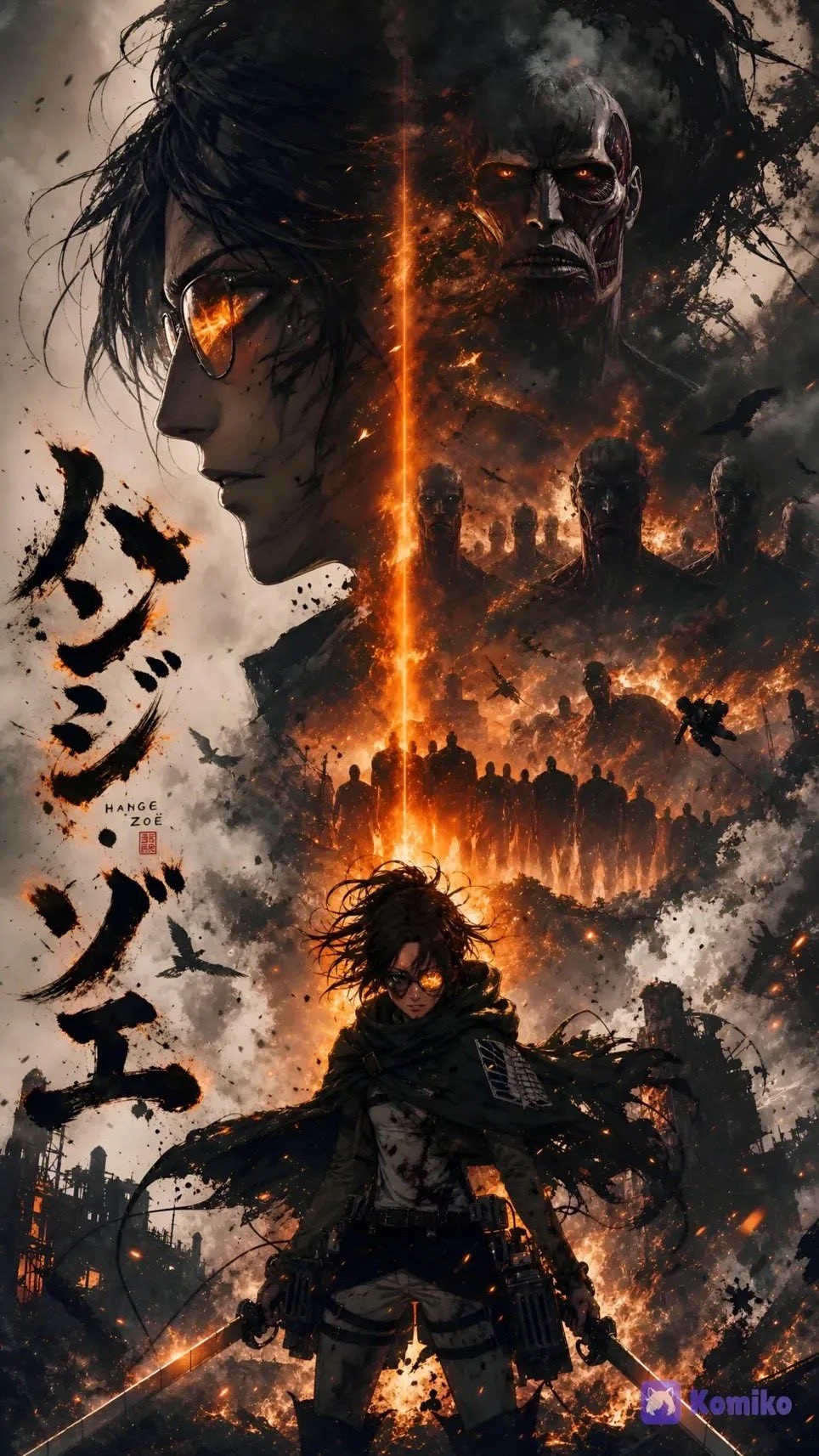 Attack on Titan Hange wallpaper combines dark epic style with ink wash touches