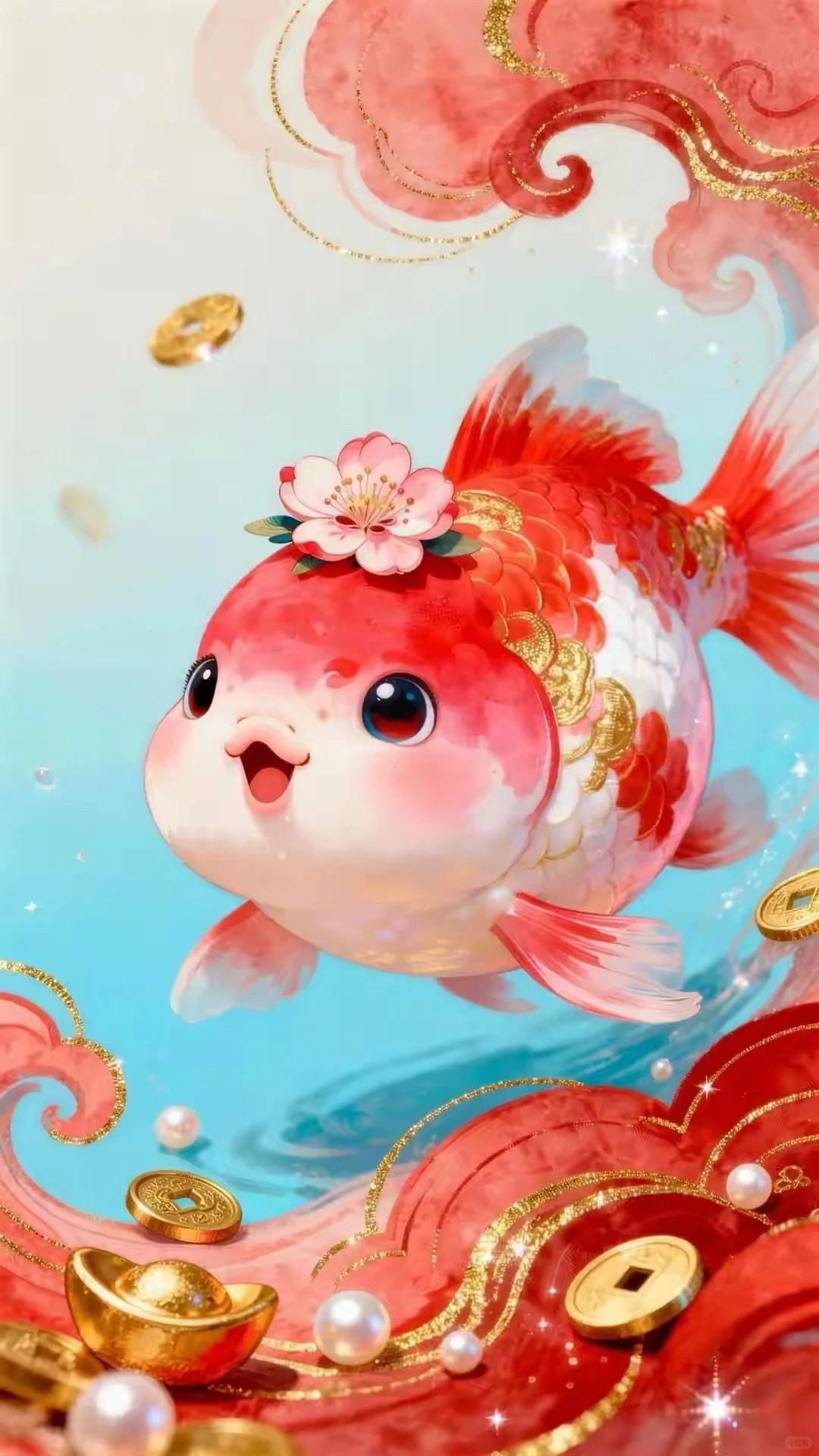 The goldfish and pink peach blossom symbolize spring luck