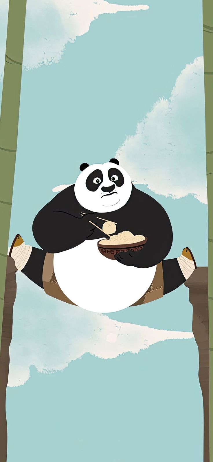 Ein Panda macht den Spagat und hält einen Bao