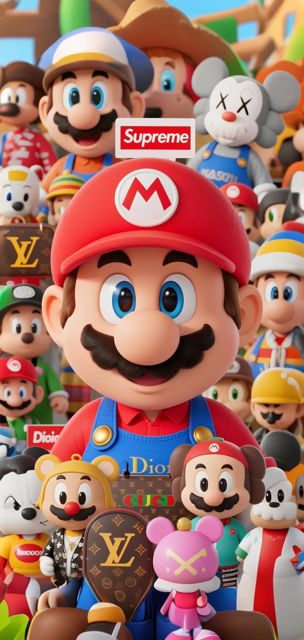 Eine riesige Mario-Figur steht in der Mitte, umgeben von einer chaotischen Menge kleiner Spielzeugfiguren
