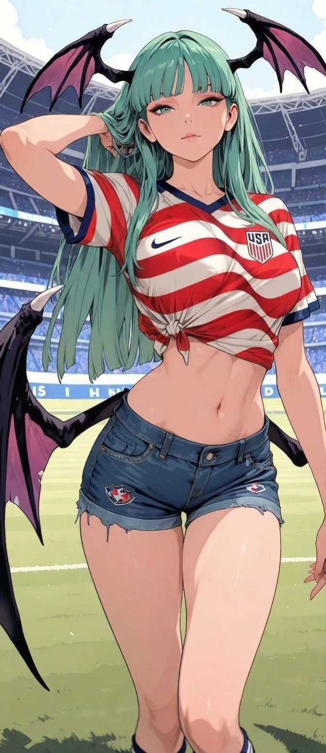 Green-haired demon girl wearing American red and white striped sports jersey anime wallpaper