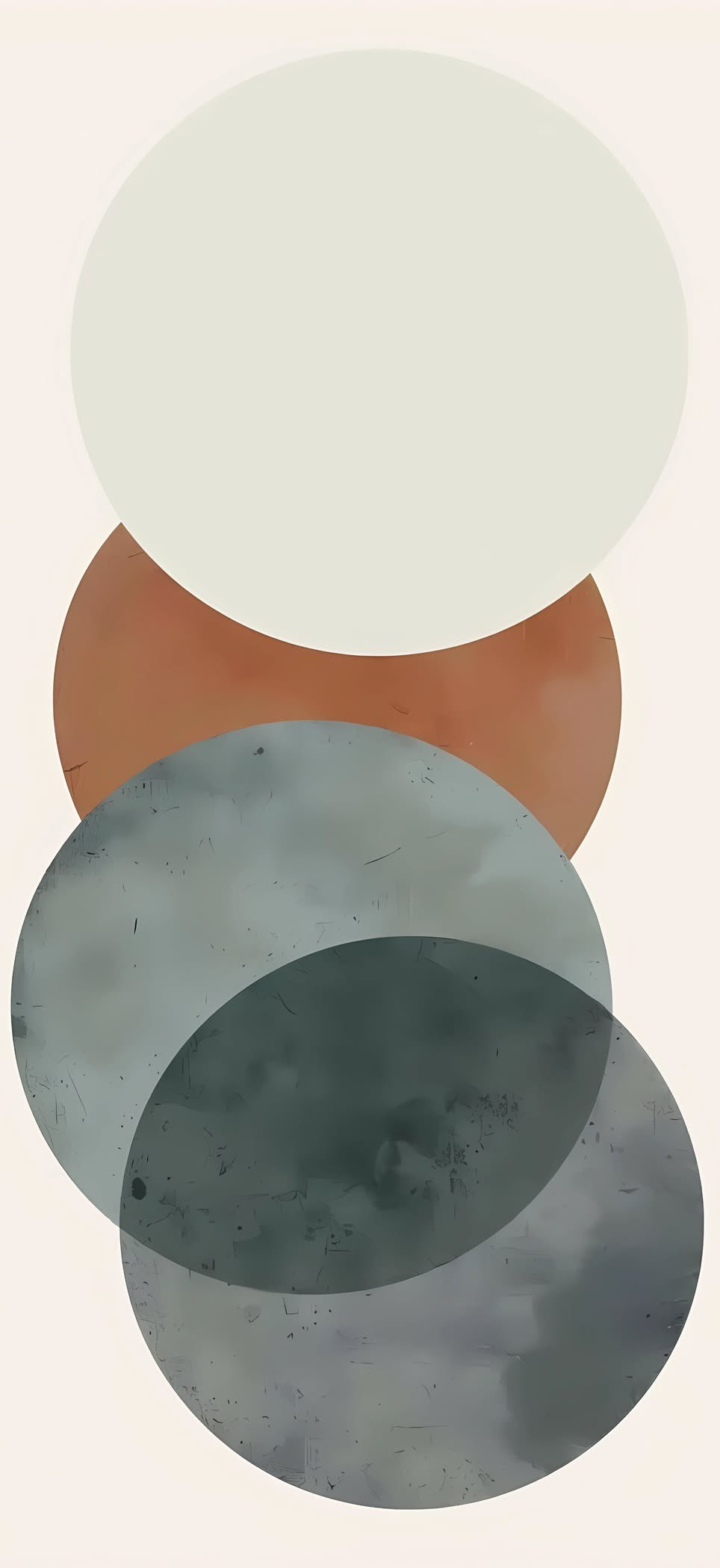Three overlapping circles create a vertical minimalist composition against a soft cream background, reflecting contemporary abstract art's calm meditative quality