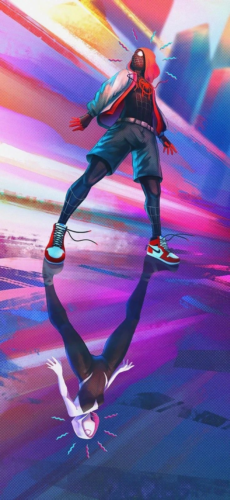 Miles Morales im schwarzen und roten Spider-Man-Anzug posiert vor einem lebendigen Neon-Hintergrund