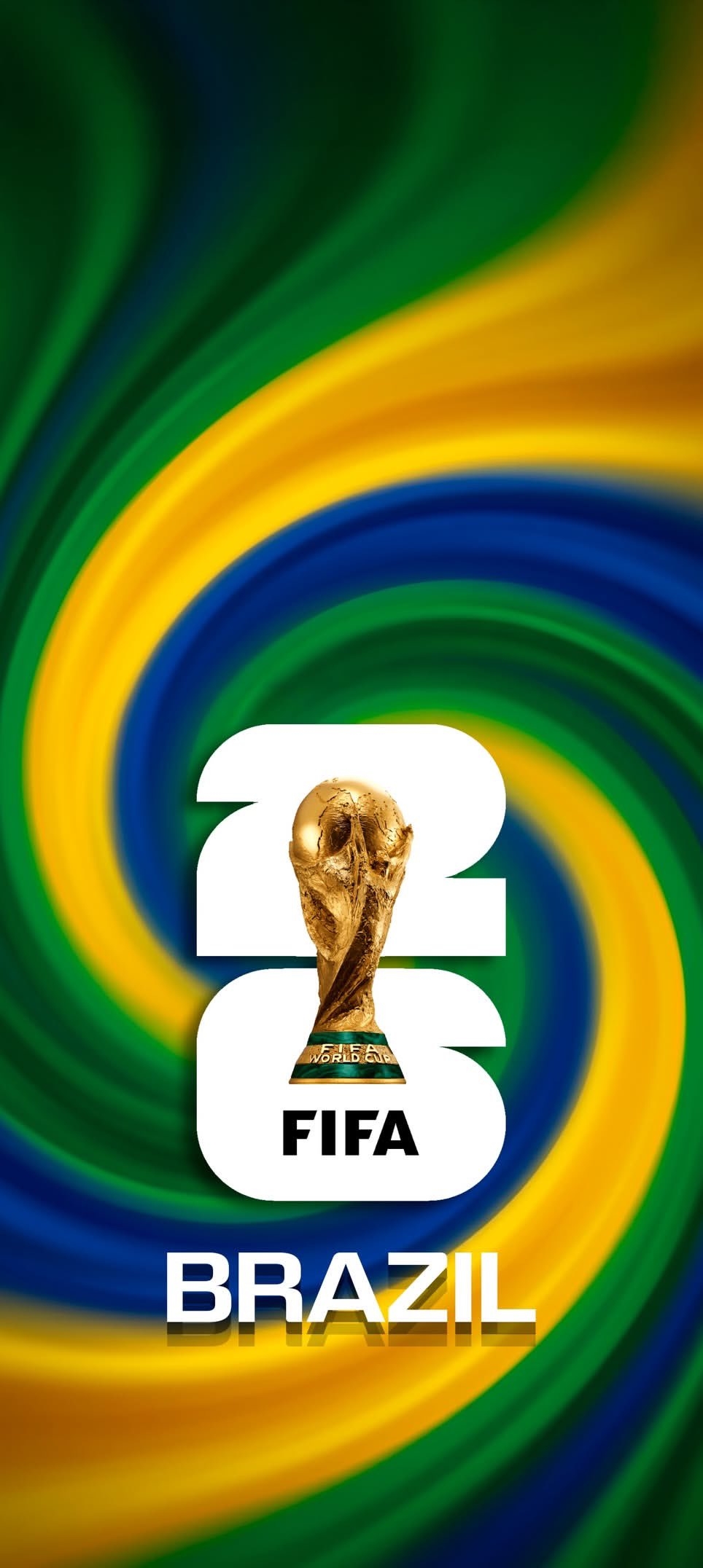 The design features a swirling background of green, yellow, and blue with a white 26 and a golden World Cup trophy, embodying a vibrant sports theme