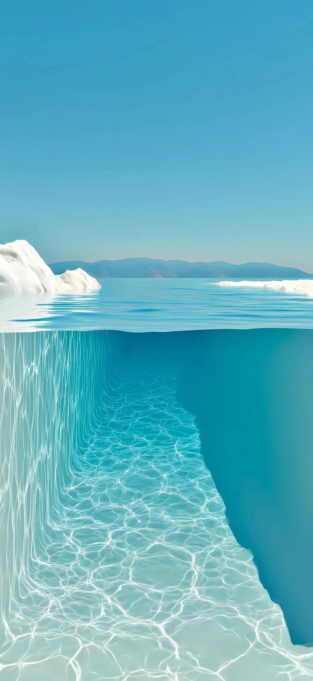 A surreal style glacier water scene showcasing the blue sky and floating icebergs