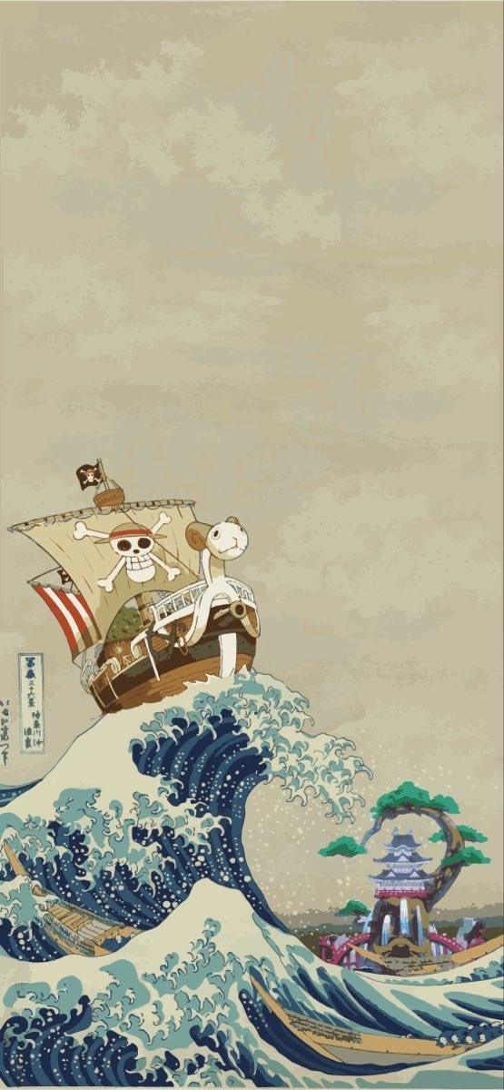 Ukiyo-e Stil One Piece Golden Merry Hintergrundbild