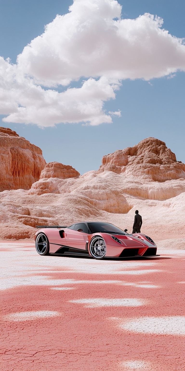 Um hypercar de luxo rosa-dourado estacionado em planícies de sal rosa rachadas cercado por formações de rocha terracota pálida