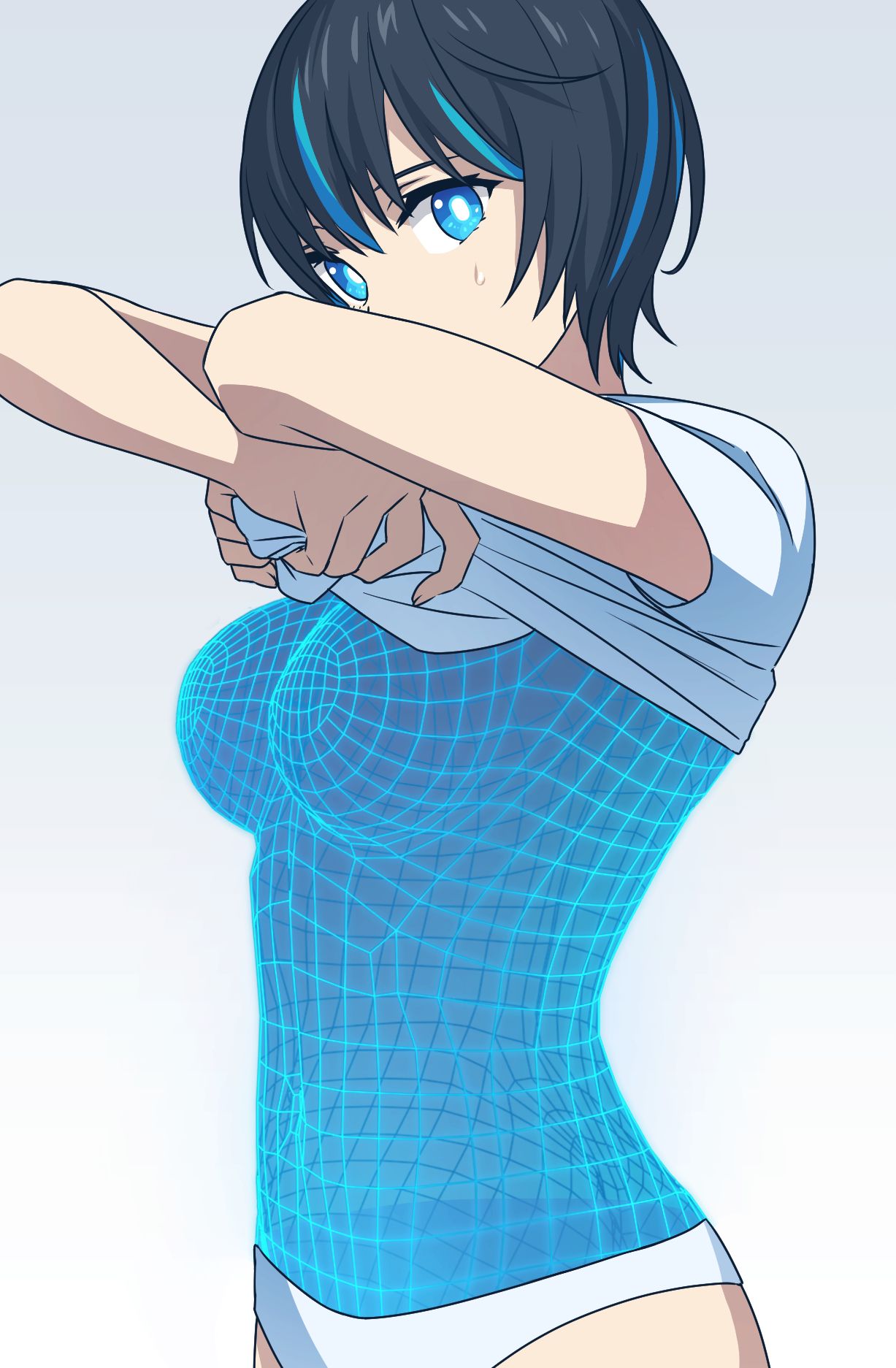 A girl with short black hair and bright blue streaks wears a white top over a glowing cyan wireframe bodysuit