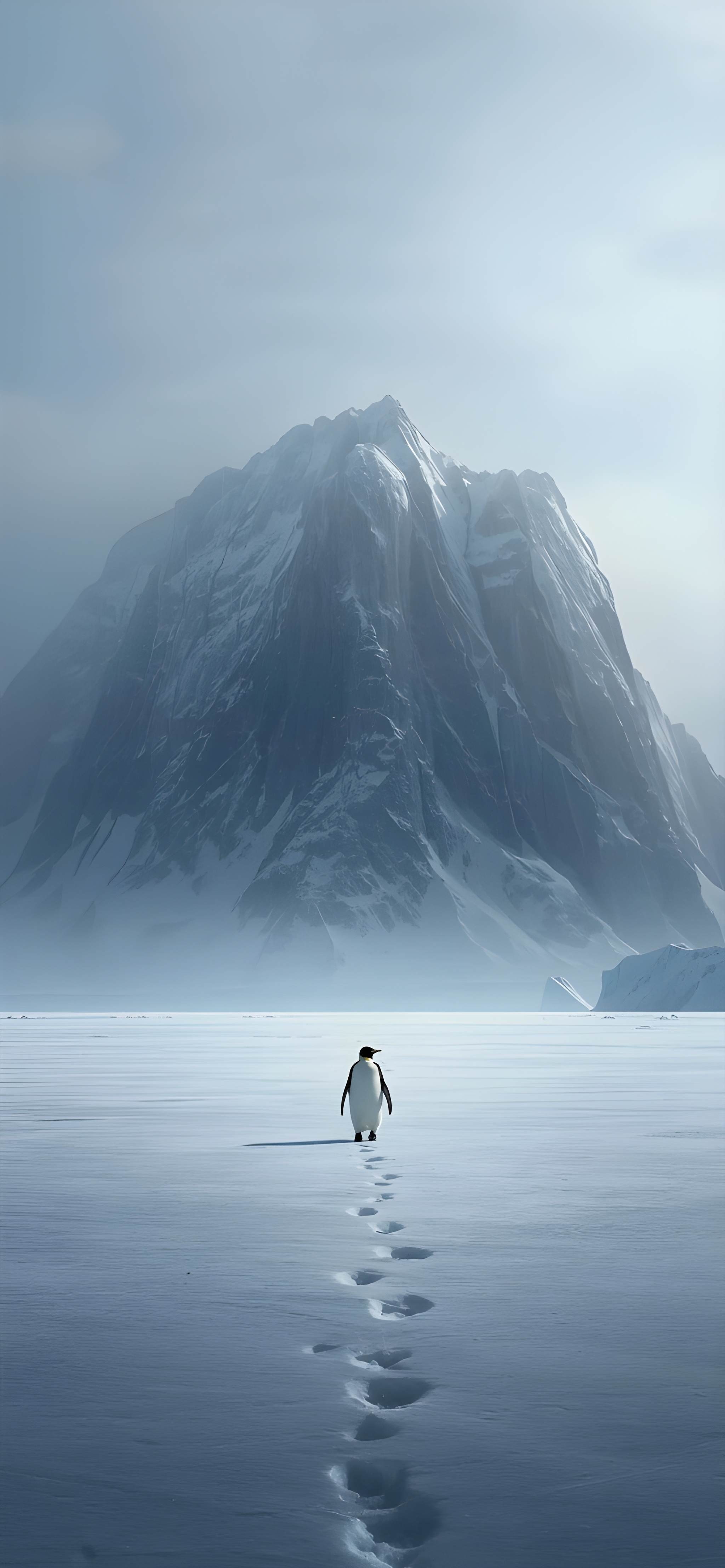 Ein Pinguin wandert alleine über die schneebedeckte Ödnis, perfekt als Handy-Hintergrund