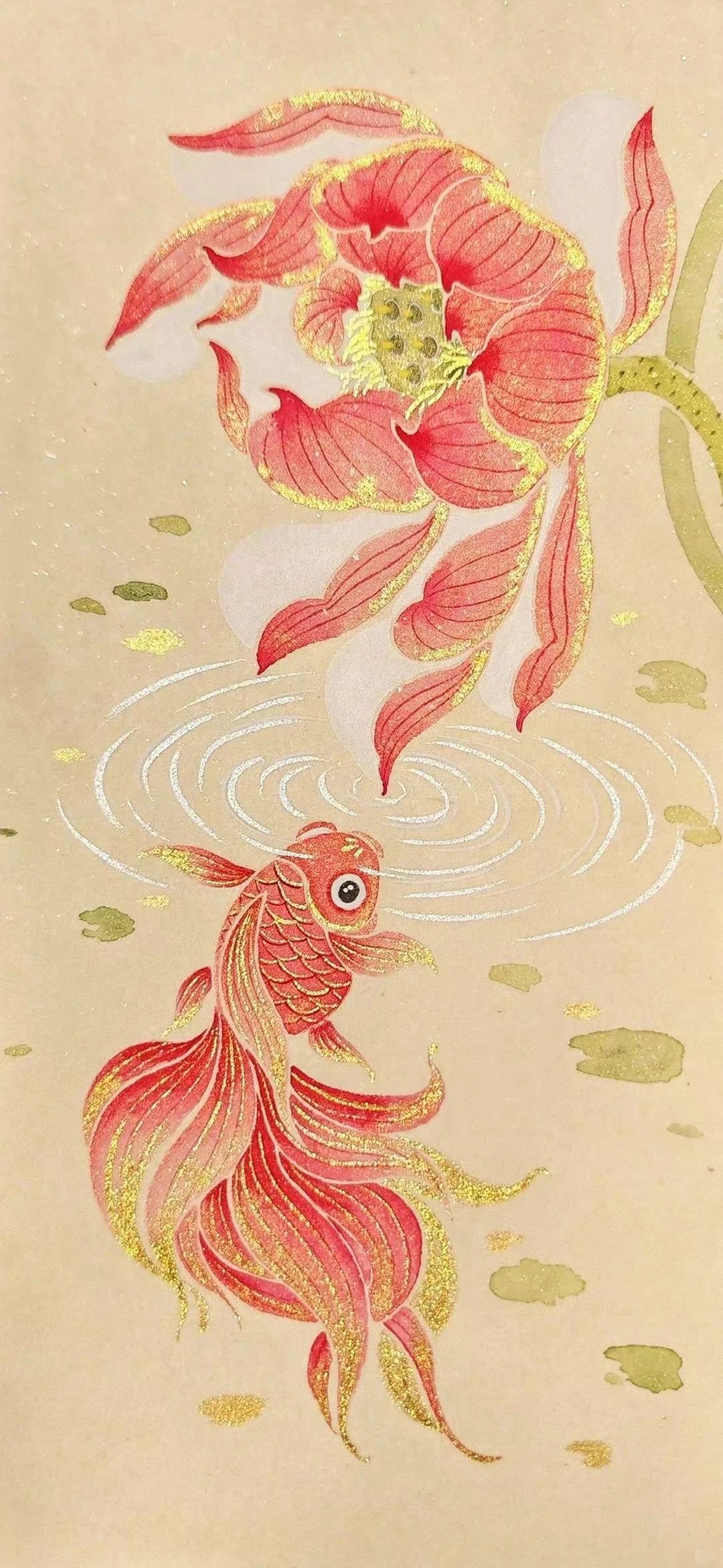 The fine brush red goldfish wallpaper showcases the beauty of flowing rhythm and good fortune
