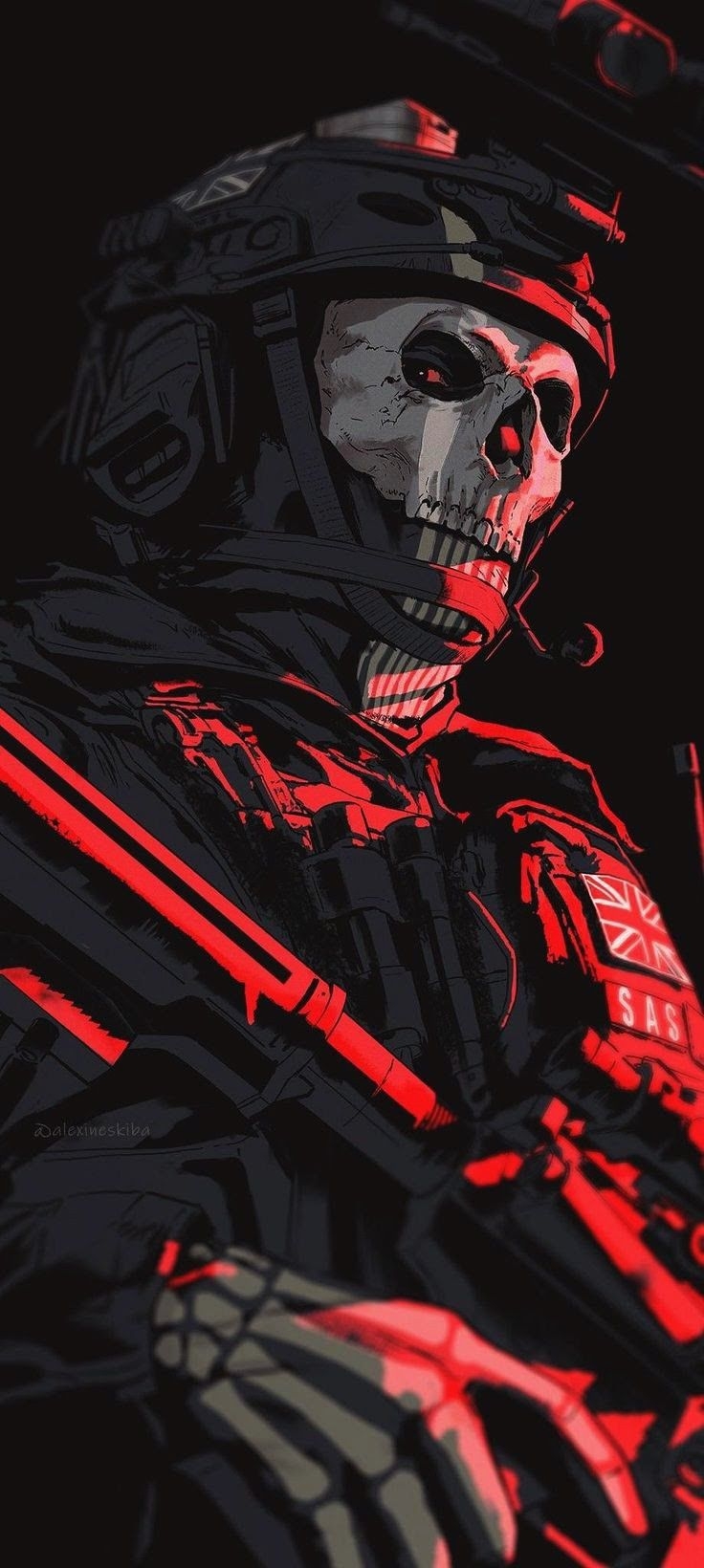 这幅插画描绘了戴着骷髅面具的特种兵幽灵