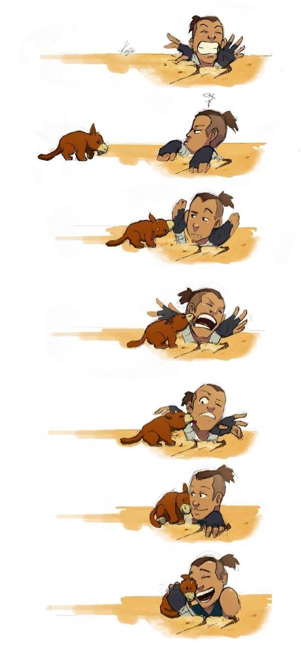 Cartoon man interacting with a small beast