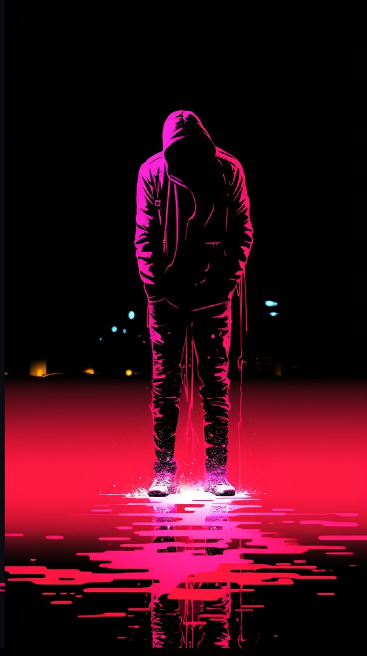 A hooded figure walks through an urban night scene, dissolving into magenta and red digital distortion