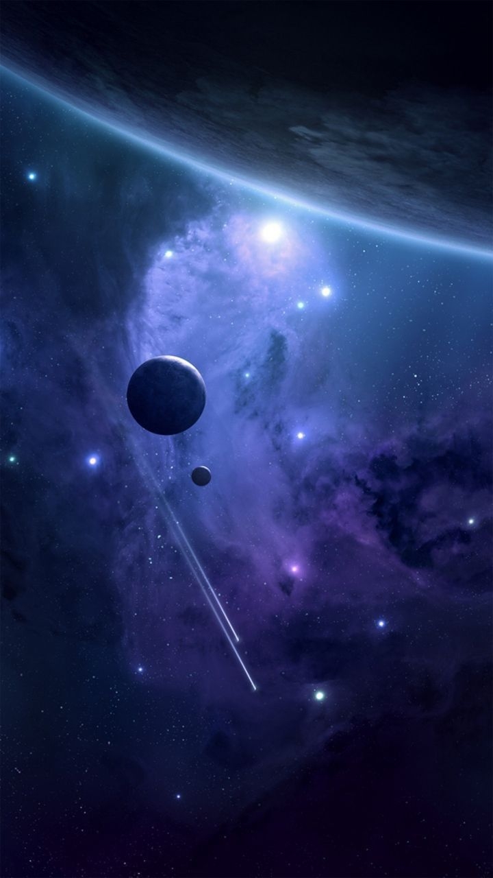 Fondo de pantalla HD de nebulosas púrpuras y azules con planetas